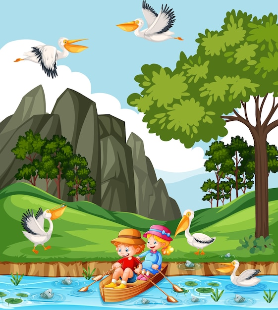 Free vector children row the boat in the stream forest