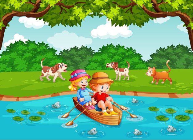 Дети гребут на лодке в сцене парка ручья