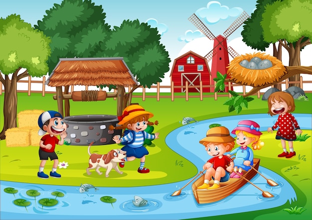 Дети гребут на лодке в сцене фермы ручья