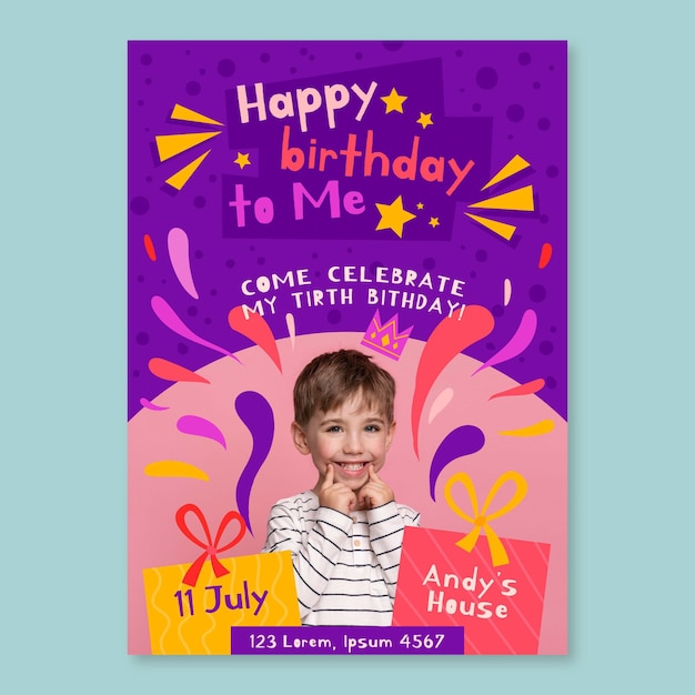 Children's birthday card invitation template with photo