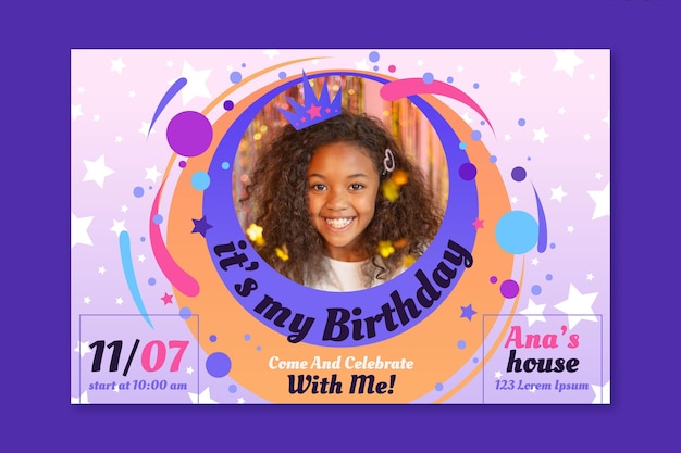 Free vector children's birthday card invitation template with photo