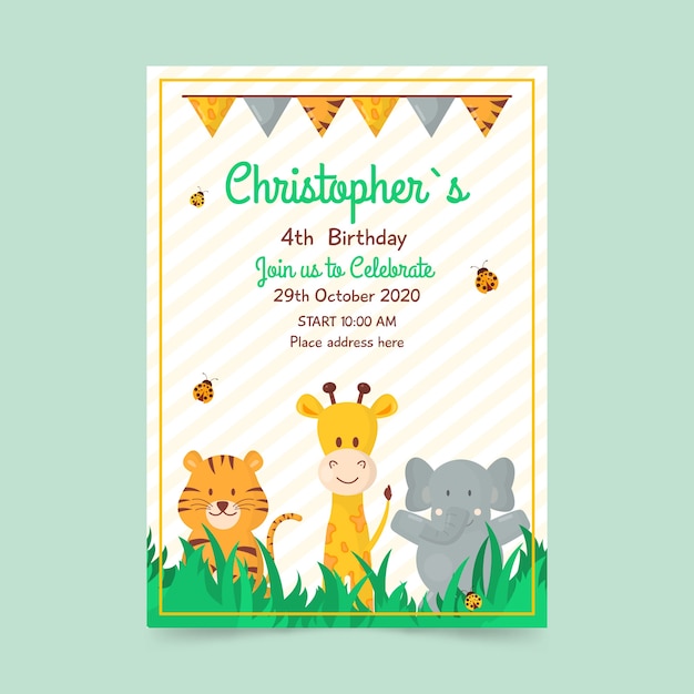 Children's birthday card template with animals