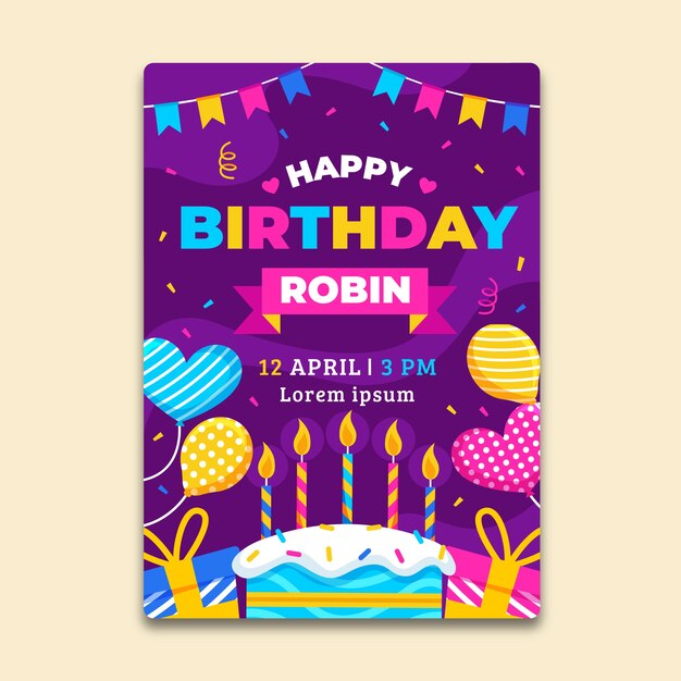 케이크와 풍선 어린이 생일 카드 템플릿