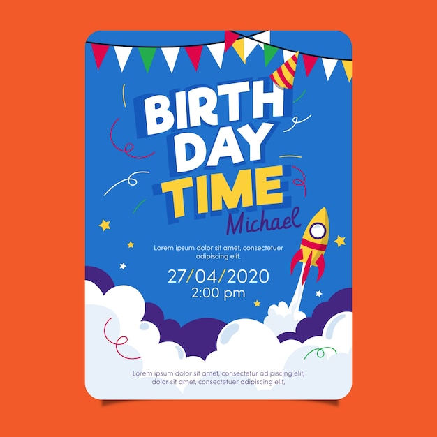 Children's birthday card template with rocket