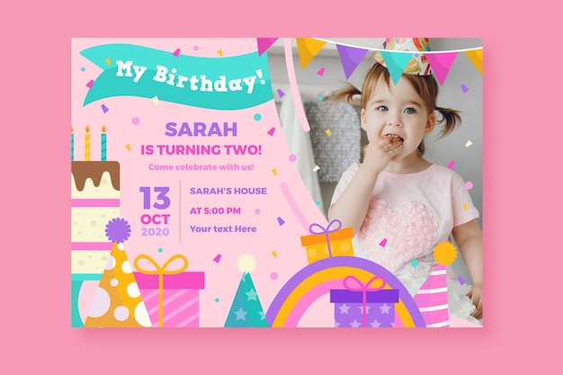 Free vector children's birthday card with cute girl and gifts