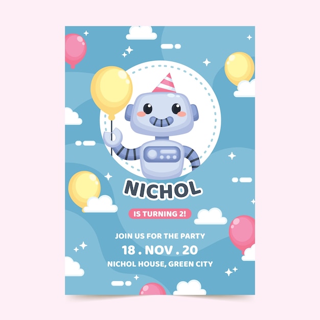 Free vector children's birthday card with robot