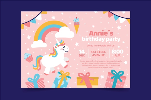 Free vector children's birthday card with unicorn