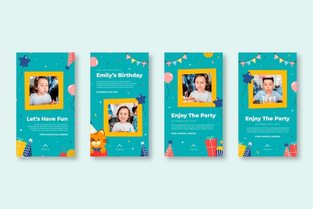 Free vector children's birthday instagram stories collection