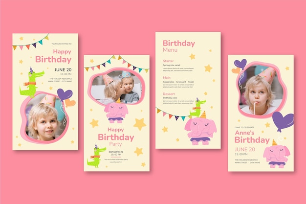 Free vector children's birthday instagram stories collection