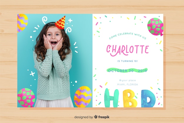 Children's birthday invitation for girl template with photo