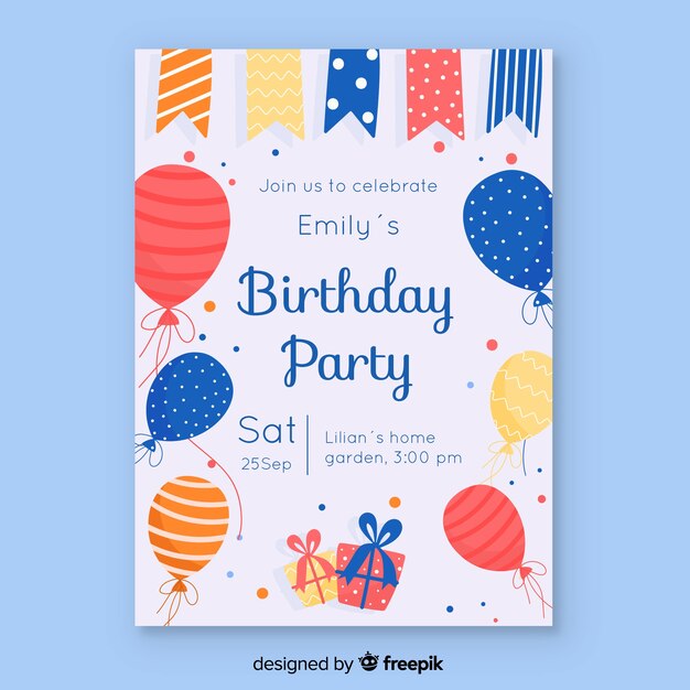 Children's birthday invitation template with balloons