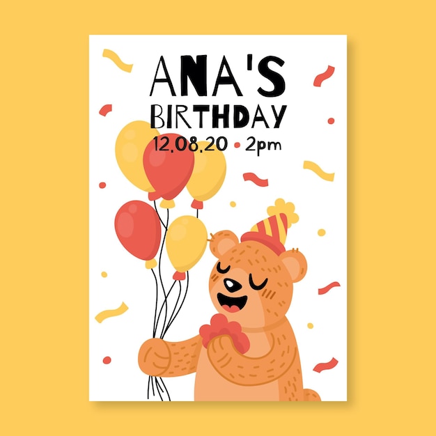 クマと子供の誕生日の招待状のテンプレート