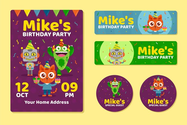 Children's birthday invitation template with characters