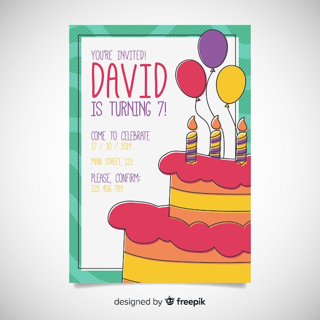 Free vector children's birthday invitation template with delicious cake