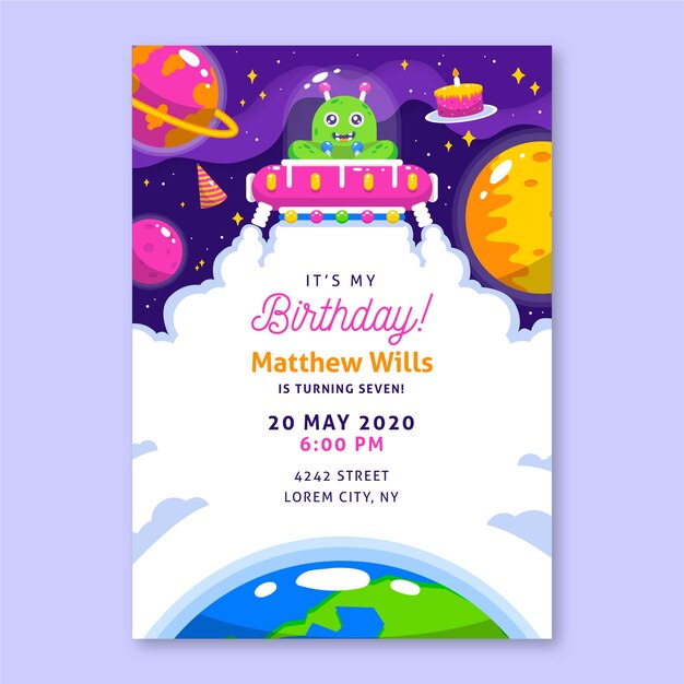 Children's birthday invitation template with illustrations