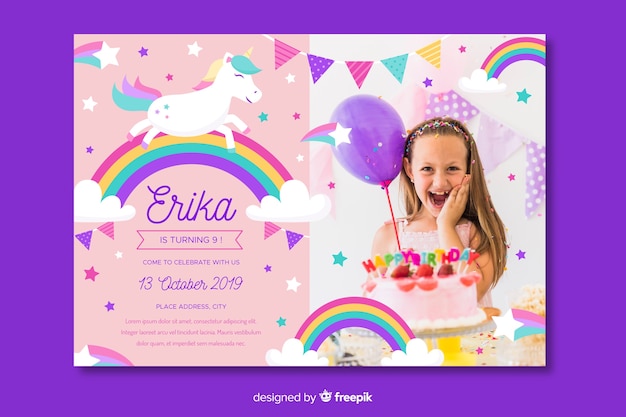 Children's birthday invitation template with photo