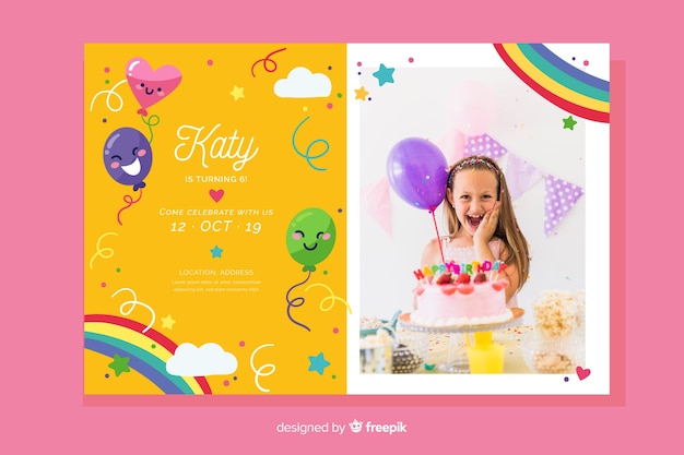 Free vector children's birthday invitation template with photo