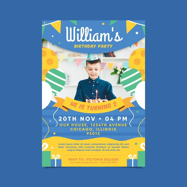 Free vector children's birthday invitation template with photo