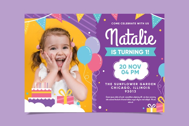Free vector children's birthday invitation template with photo