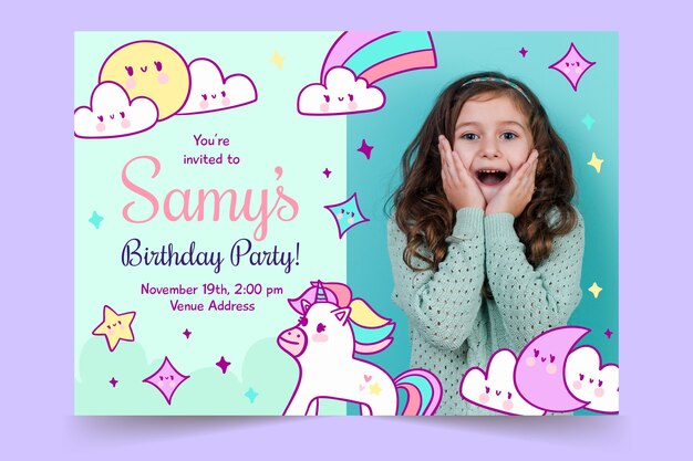 Children's birthday invitation template with rainbows and unicorns