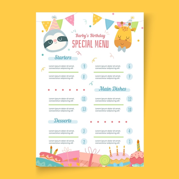 Бесплатное векторное изображение Шаблон меню детского дня рождения