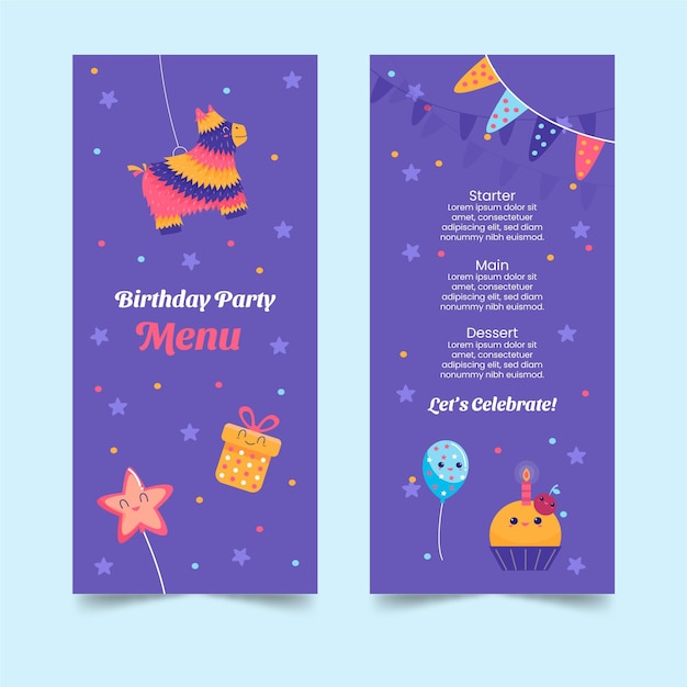 Vettore gratuito modello di menu di compleanno per bambini