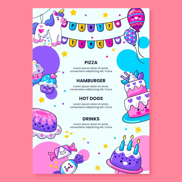 Vettore gratuito modello di menu di compleanno per bambini