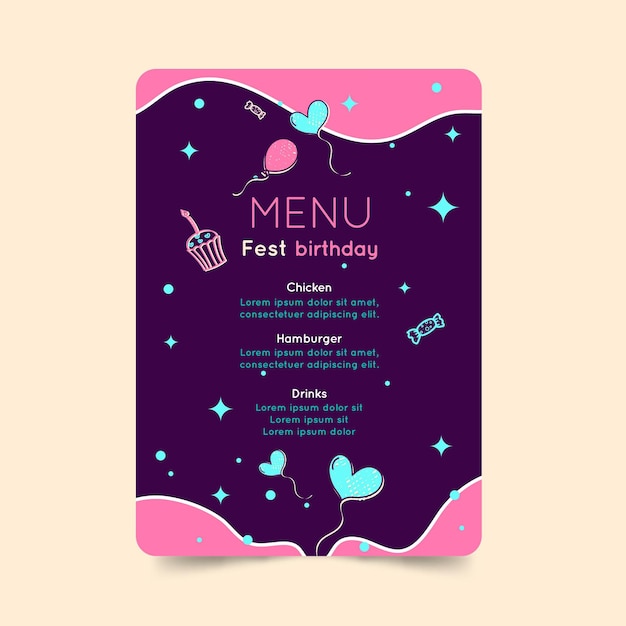 Vettore gratuito menu compleanno bambini