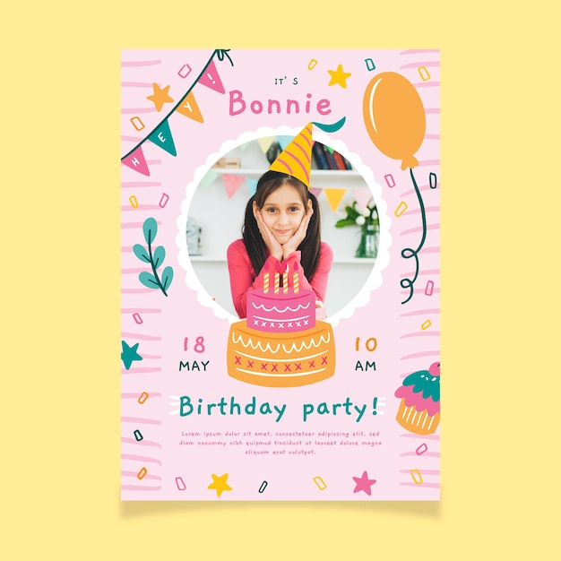 Free vector children's birthday party invitation with photo