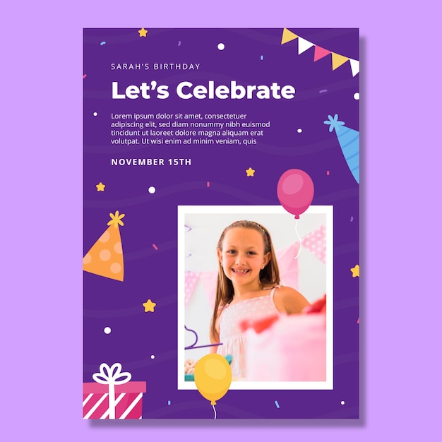 Бесплатное векторное изображение Детский день рождения вертикальный шаблон плаката