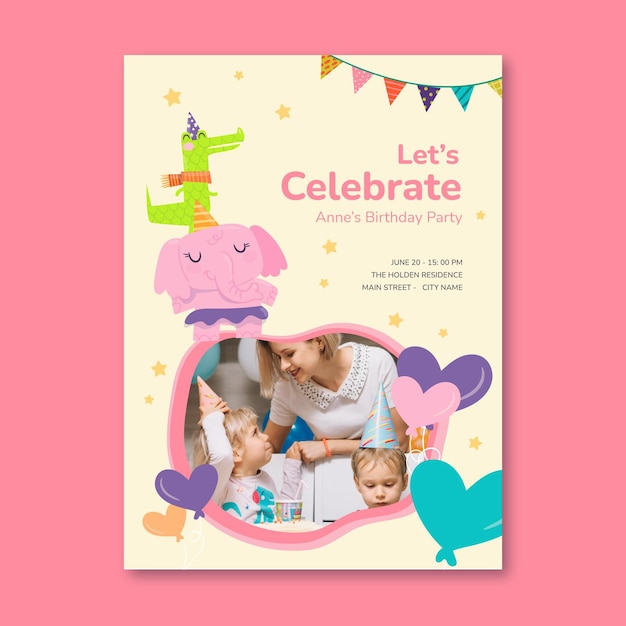 Vettore gratuito modello di poster verticale di compleanno per bambini