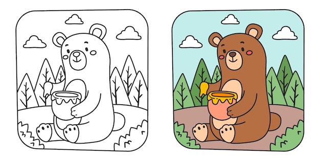 Детская раскраска иллюстрация с медведем