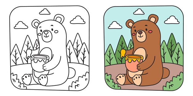 クマと子供のぬりえイラスト