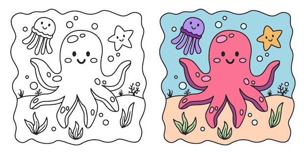 Children's coloring illustration with octopus