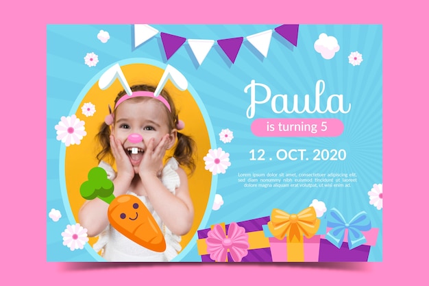 Free vector children's cute birthday card template with photo