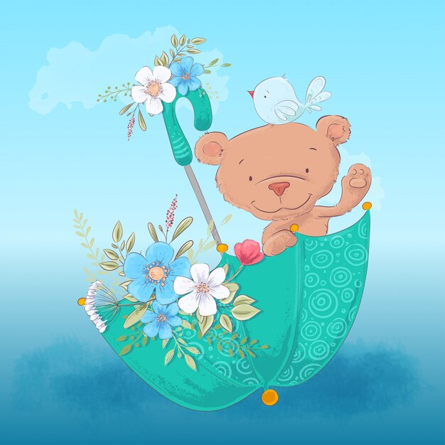 子供のイラストかわいいクマと花と傘の鳥 プレミアムベクター
