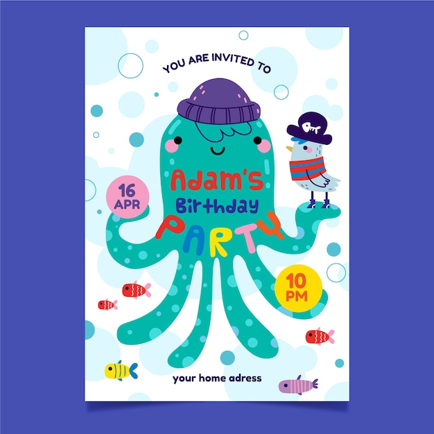 Children's party invitation and octopus with hat