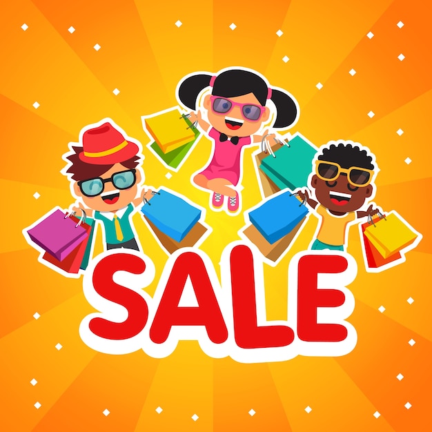 Free vector children's sale. happy smiling and jumping kids