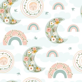 かわいい虹の手描きベクトルシームレスパターンイラスト プレミアムベクター かわいい虹の手描きベクトルシームレスパターンイラスト プレミアムベクター