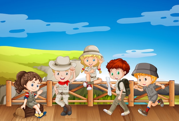 Children in safari costume on the bridge