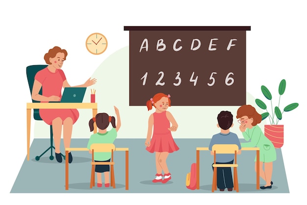 Free vector children safety flat background with  teacher working with preschoolers in kindergarten vector illustration