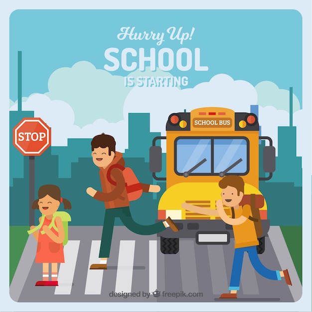 Children and School Bus in Flat Design – Free Vector Download