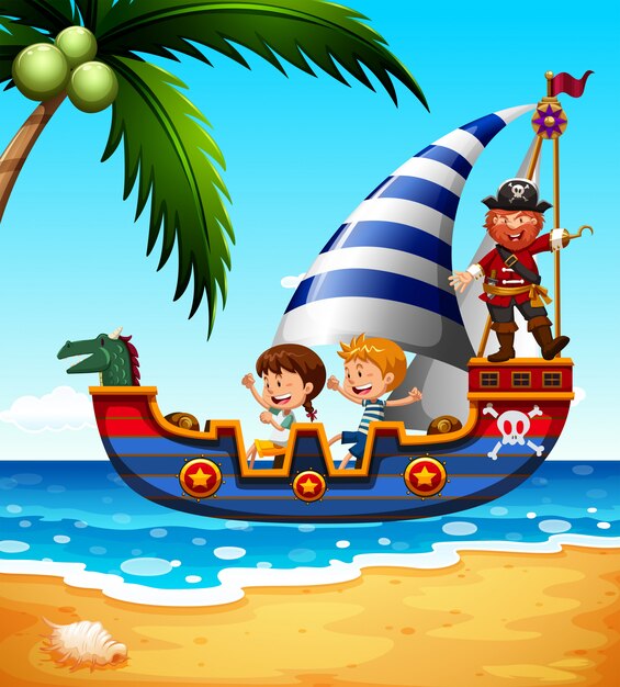 Children on the ship with pirate