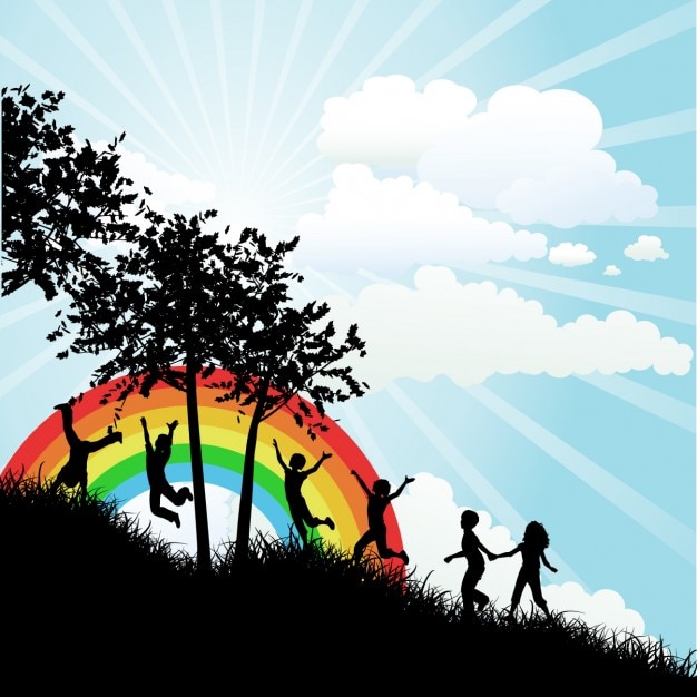 Free vector children silhouette and rainbow background