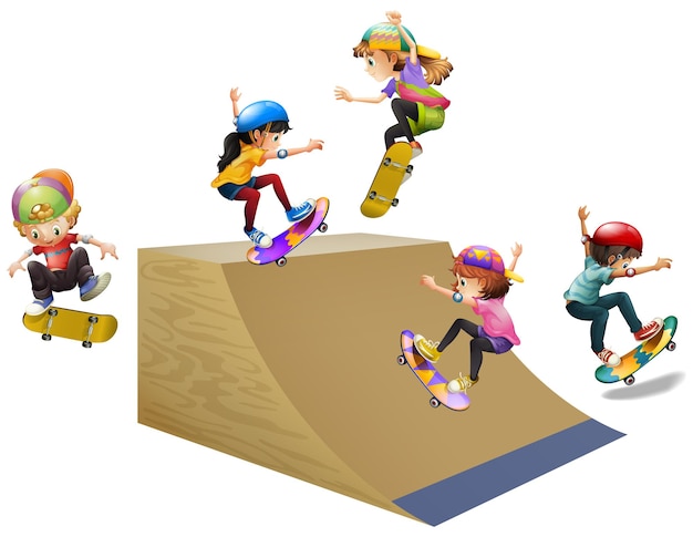 Бесплатное векторное изображение Детский скейтборд на деревянной рампе