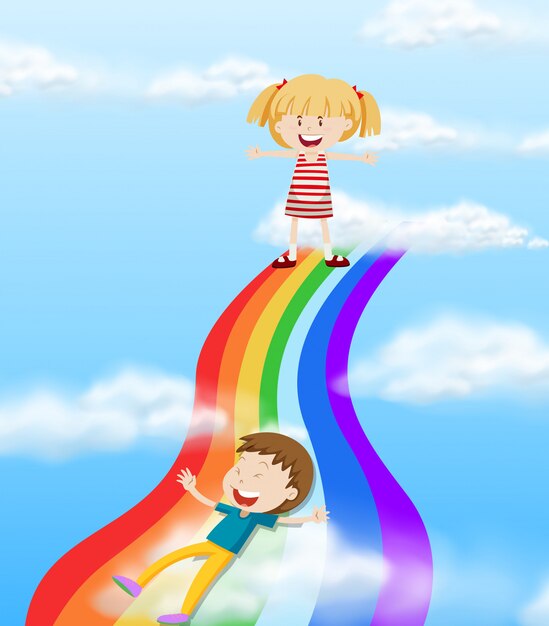 Children sliding down a rainbow