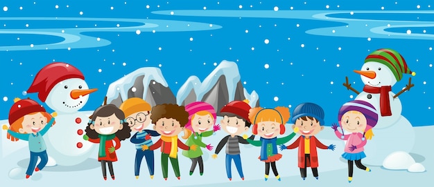 Free vector children and snowman standing in snow