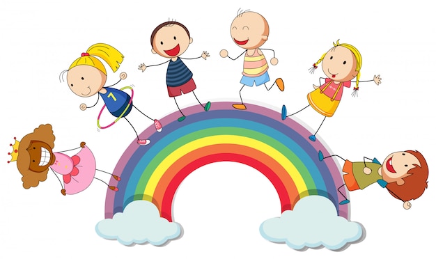 虹の上に立っている子供たち