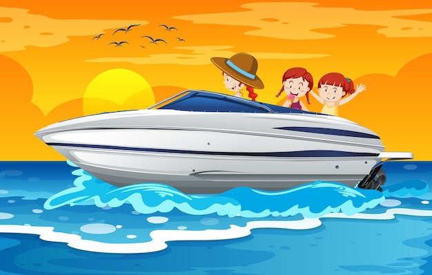 Free vector children standing on a speed boat in beach scene