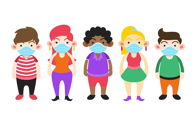 Free vector children standing and wearing medical mask